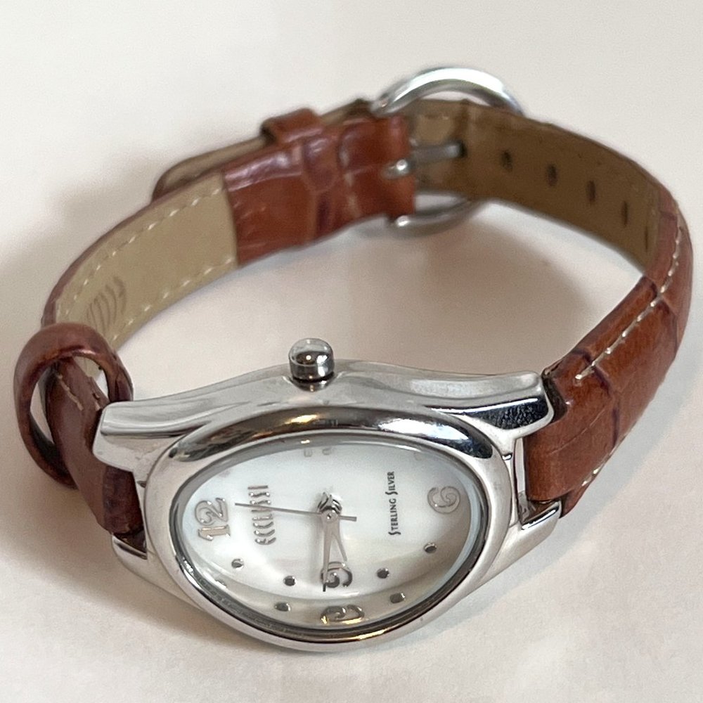 ECCLISSI Sterling Silver MOP Face #22690 Brown Leather Band Wrist Watch